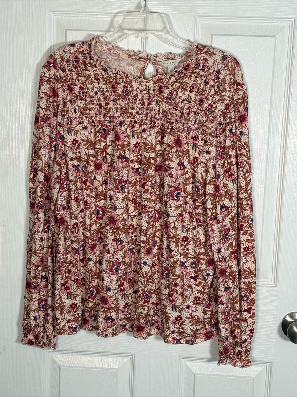 Lucky Brand Floral Smocked Yoke Long-Sleeve Blouse in Pink and Brown. Size XL